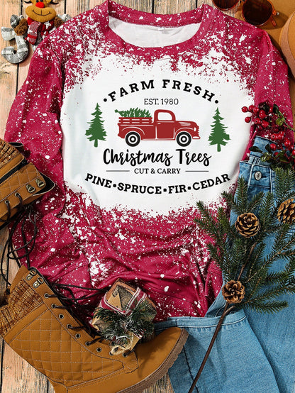 Festive Red Christmas Tree Truck Ink Splash Print Sweatshirt