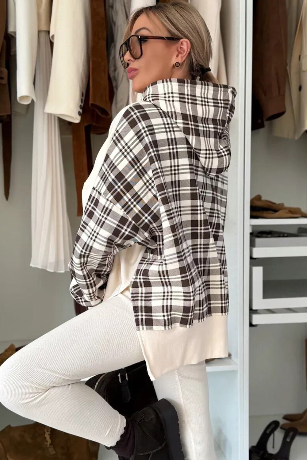 Beige Plaid Patchwork Side Slit Sweatshirt