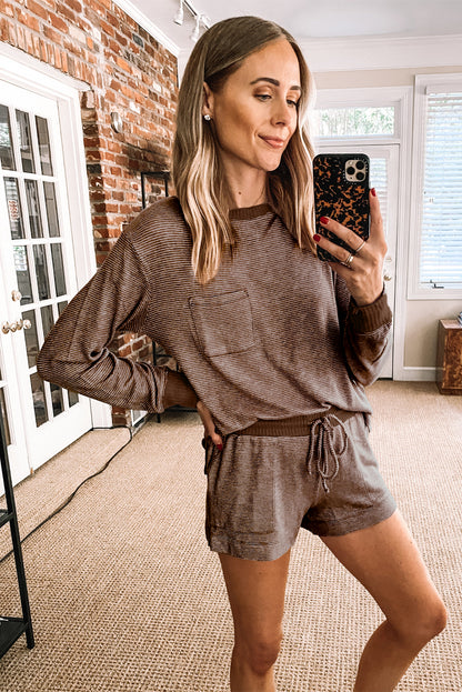 Khaki Stripe Horizontal Print Ribbed Trim Long Sleeve Top Drawstring Shorts 2pcs Outfit