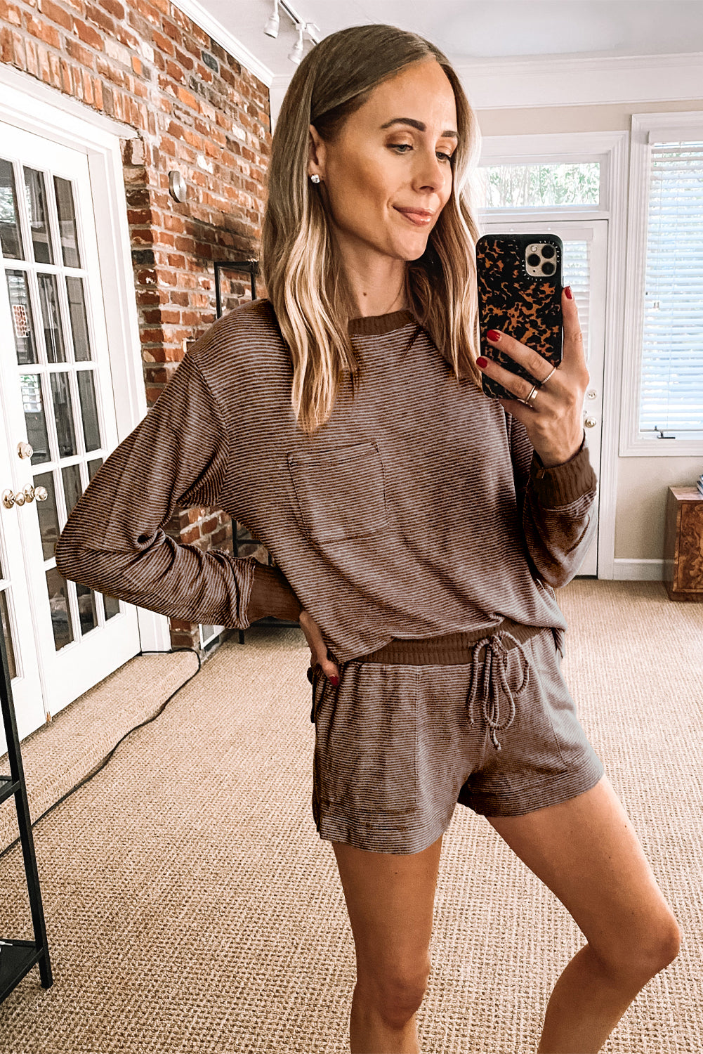 Khaki Stripe Horizontal Print Ribbed Trim Long Sleeve Top Drawstring Shorts 2pcs Outfit