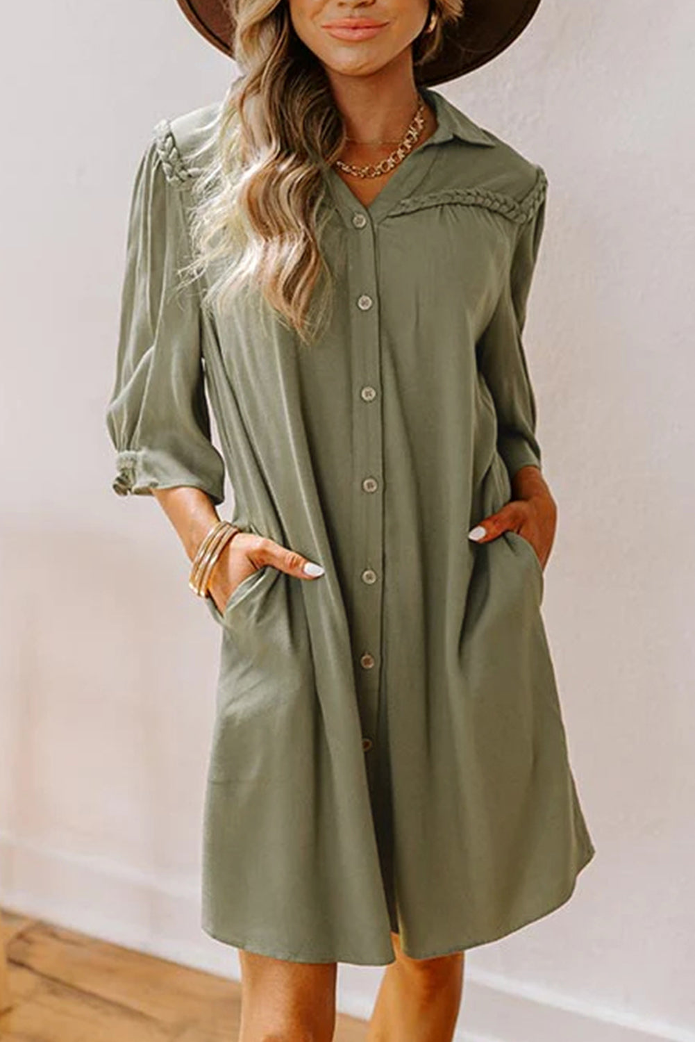 Four Leaf Clover Solid Color 3/4 Sleeve Braided Detail Button Down Mini Shirt Dress