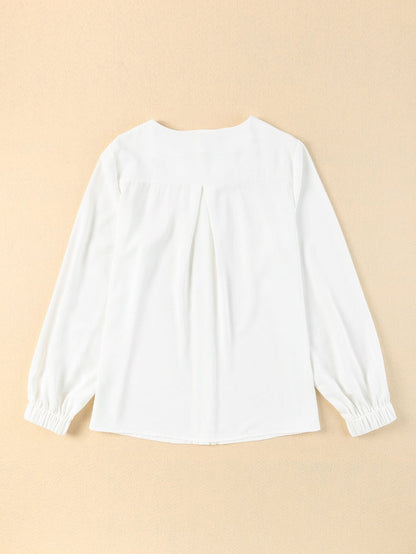 Graceful White Pleated Round Neck Shirt with Puff Sleeves