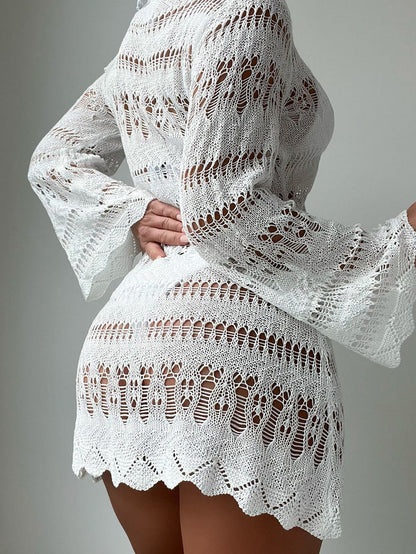 Elegant White Crochet Beach Cover-Up Dress with Scalloped Trim