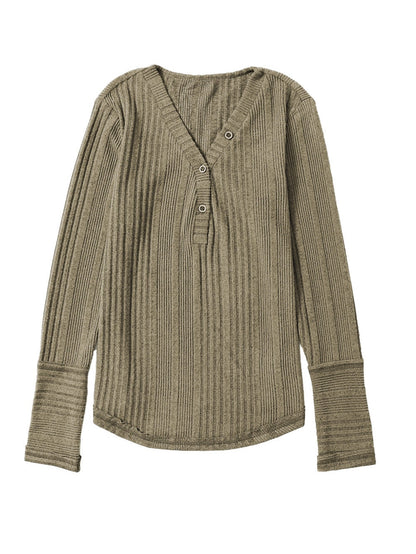 Jungle Green Ribbed Knit V-Neck Button-Up Top