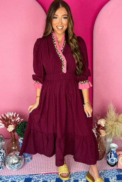 Burgundy Contrast Frilled Trim V Neck 3/4 Ruffled Sleeve Flowy Midi Dress