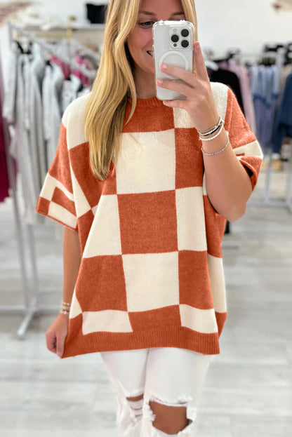 Orange Checkered Pattern Loose Drop Shoulder Half Sleeve Sweater