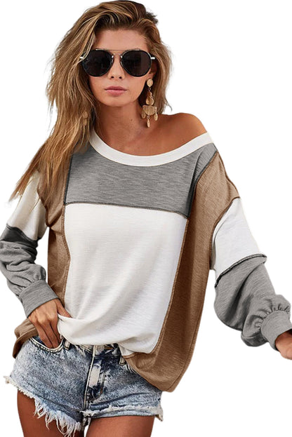 Grey Color Block Patchwork Knit Sweater with Exposed Seam Detail