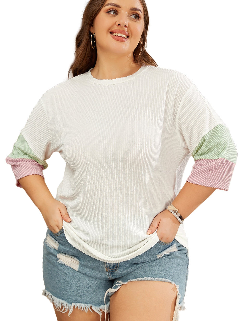 White Ribbed Colorblock Plus Size T-Shirt