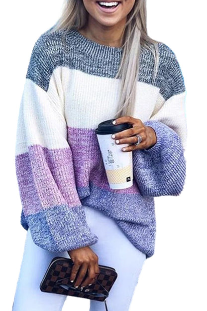 Purple Long Sleeve Knitted Round Neck Casual Sweater