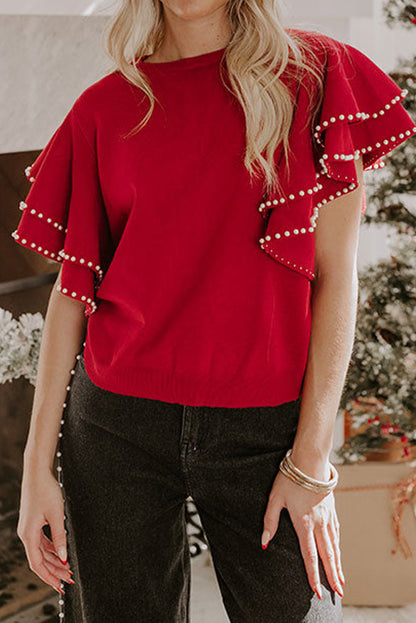 Racing Red Pearl Embellished Double Ruffle Short Sleeve Sweater