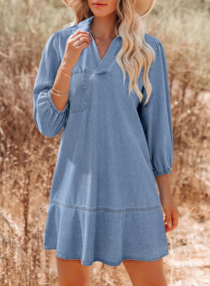 Beau Blue V Neck Collared Single Chest Pocket Long Sleeve Denim Shift Dress