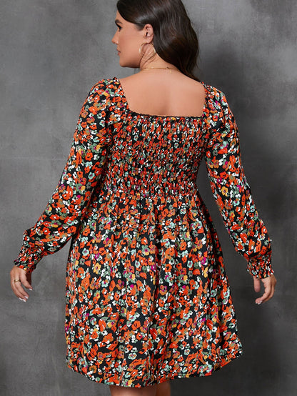 Multicolored Smocked Floral A-Line Dress with Long Sleeves