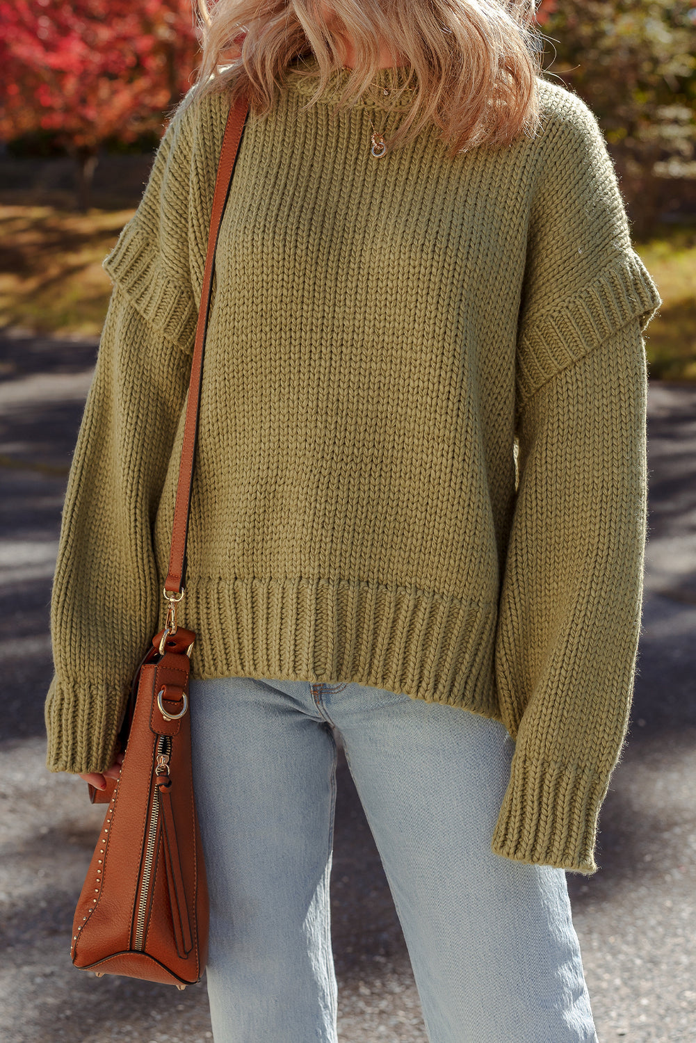 Guacamole Green Solid Color Ruffled Chunky Loose Sweater