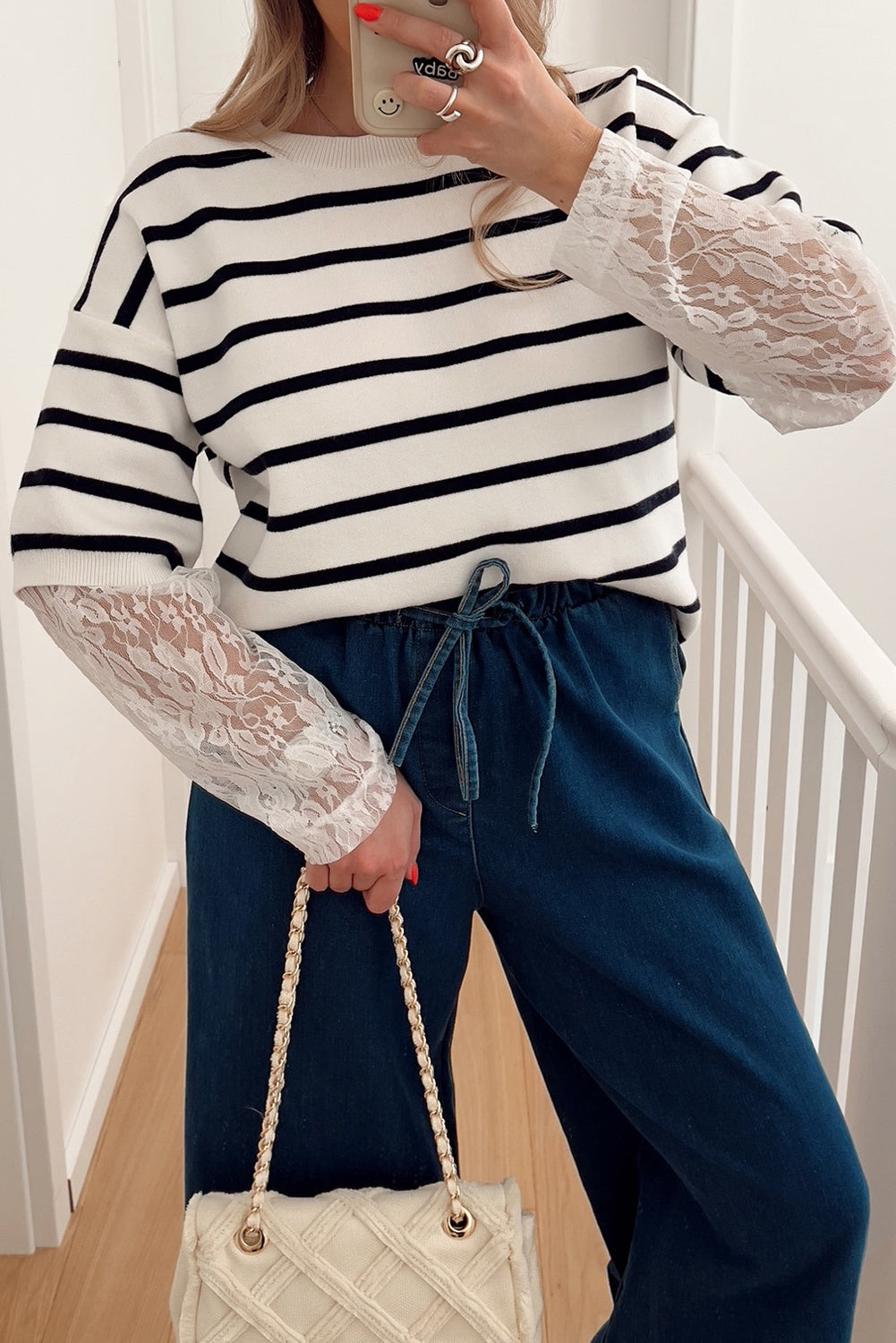 White Stripe Drop Shoulder Knit Lace Patchwork Long Sleeve Sweater