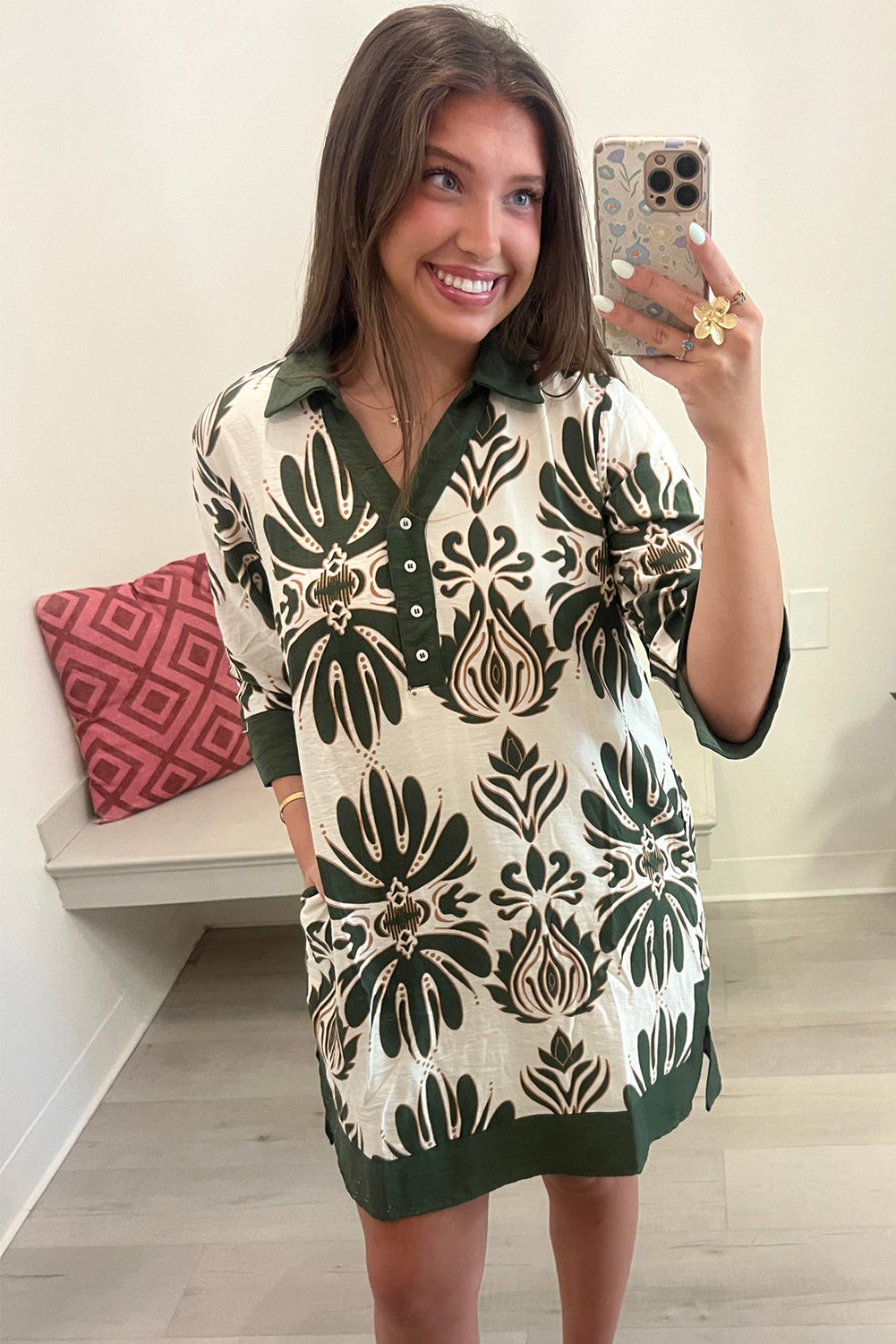 Green Vacation Floral Print Color Block Trim Shirt Collar 3/4 Sleeve Shift Mini Dress