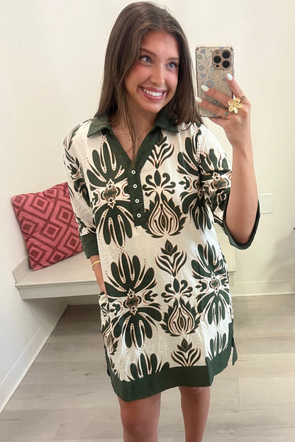 Green Vacation Floral Print Color Block Trim Shirt Collar 3/4 Sleeve Shift Mini Dress