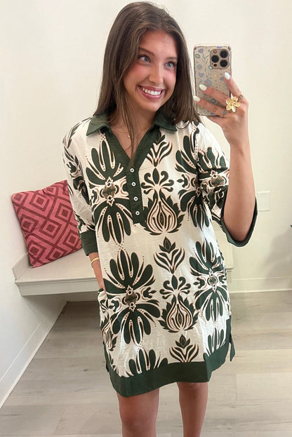 Green Vacation Floral Print Color Block Trim Shirt Collar 3/4 Sleeve Shift Mini Dress