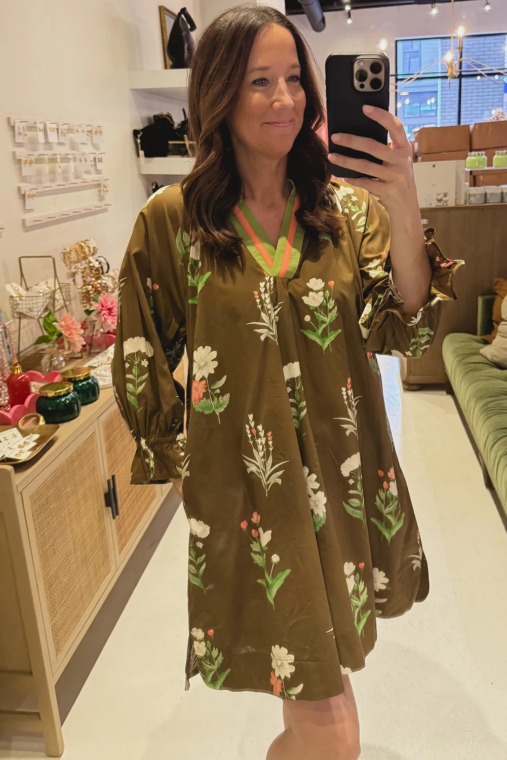 Brown Floral Print Striped Contrasted V Neck Flounced Bracelet Sleeve Shift Dress