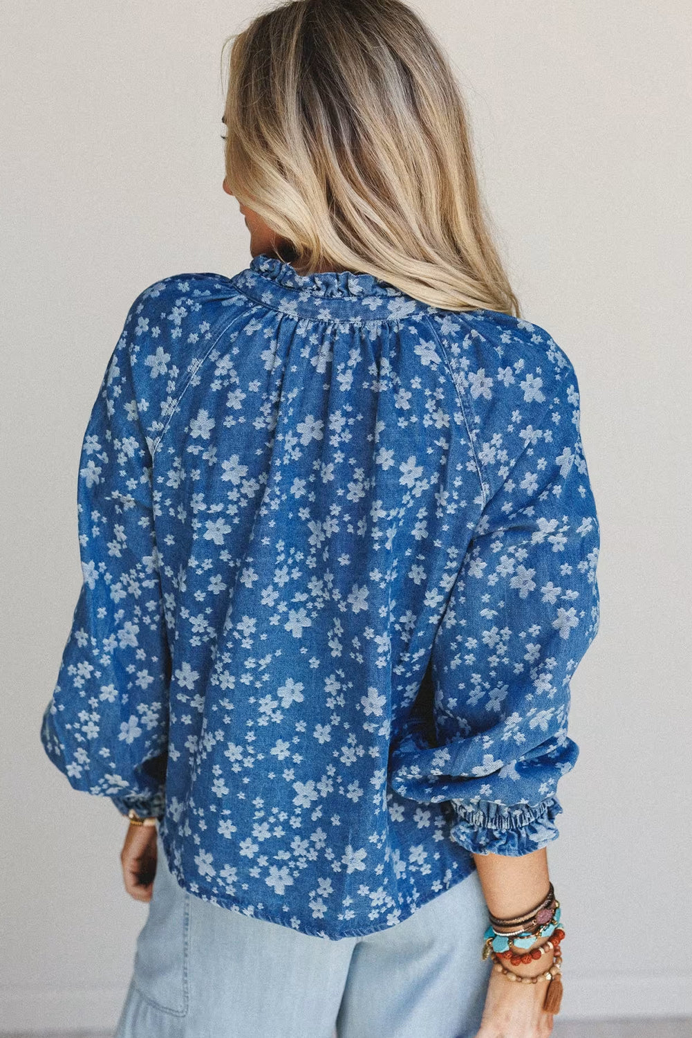 Blue Floral Print Frilled Trim Button Down Long Sleeve Denim Shirt