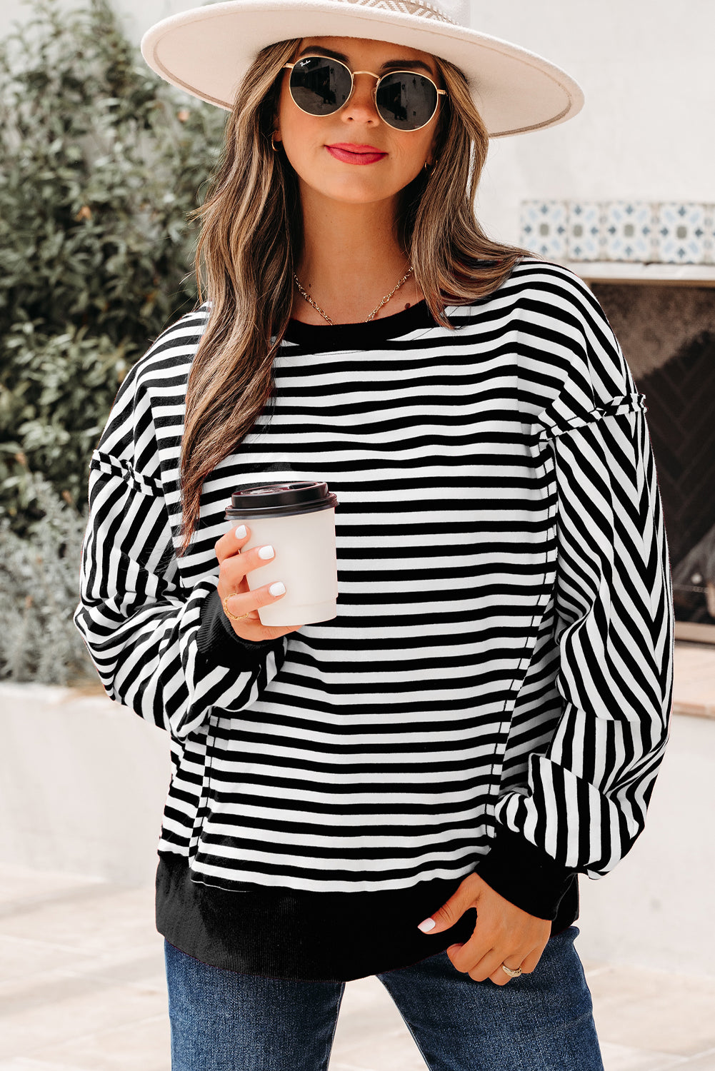 Black Stripe Exposed Seam Drop Shoulder Casual Pullover Top