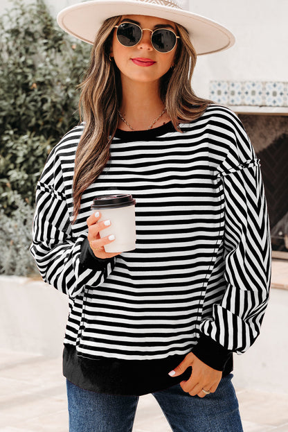 Black Stripe Exposed Seam Drop Shoulder Casual Pullover Top