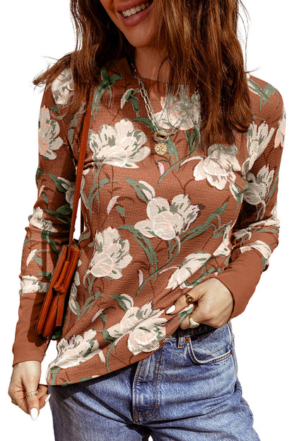 Khaki Floral Print Waffle Textured Long Sleeve Top