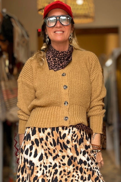 Jurassic Gold Button V Neck Fitted Hem Contrast Sweater Cardigan