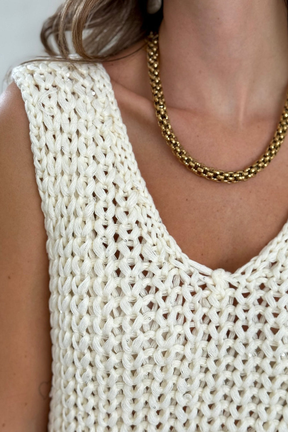 Dark Brown Chunky Cable Knit Tiny Sequin Detail V Neck Sweater Vest