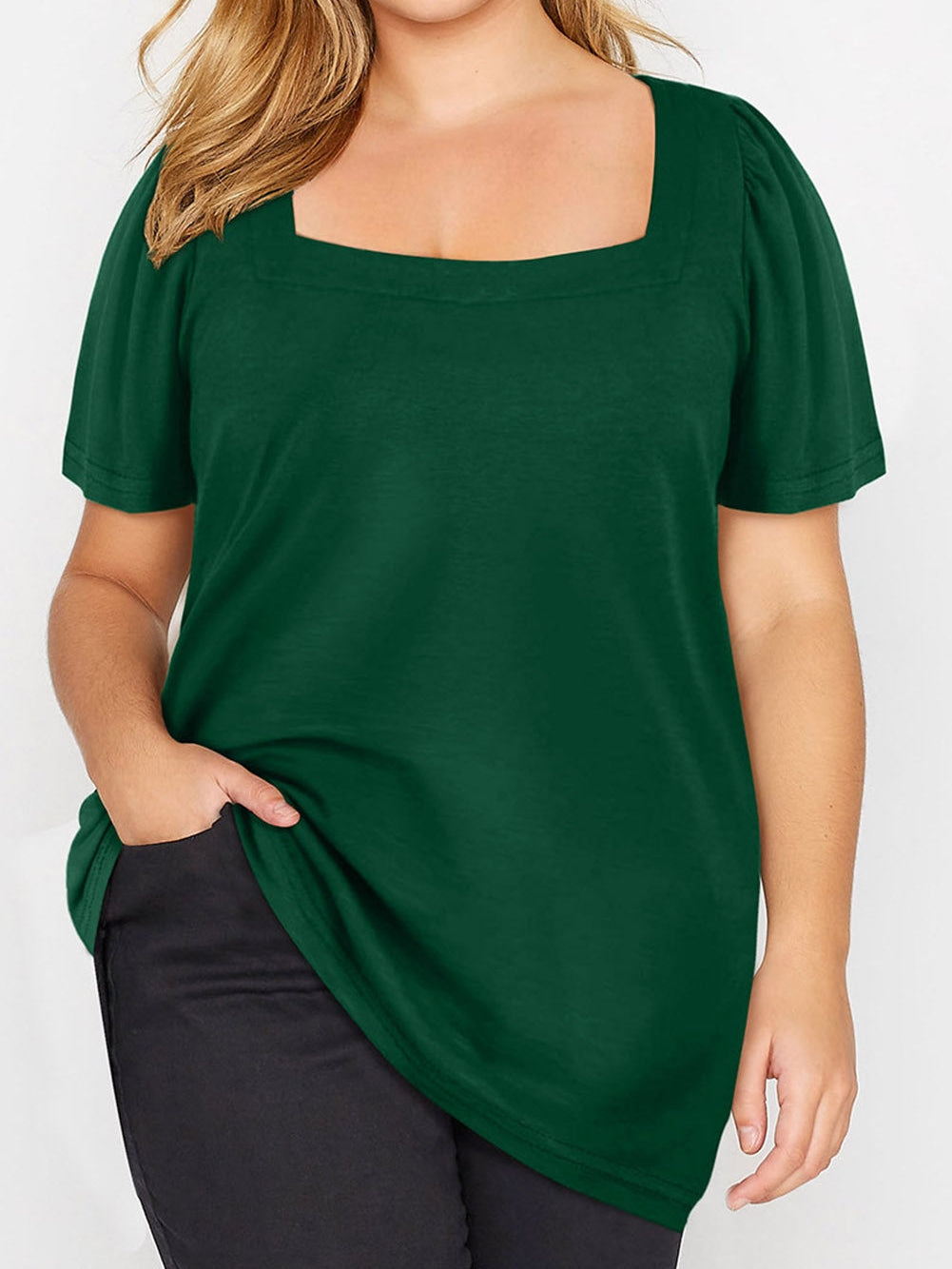 Ruched Shoulder Green Square Neck Plus Size Top