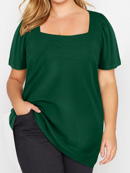 Ruched Shoulder Green Square Neck Plus Size Top