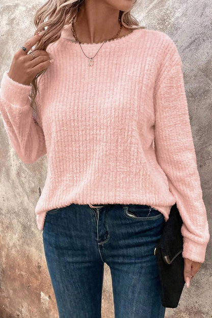 Light Pink Fuzzy Ribbed Texture Round Neck Long Sleeve Top