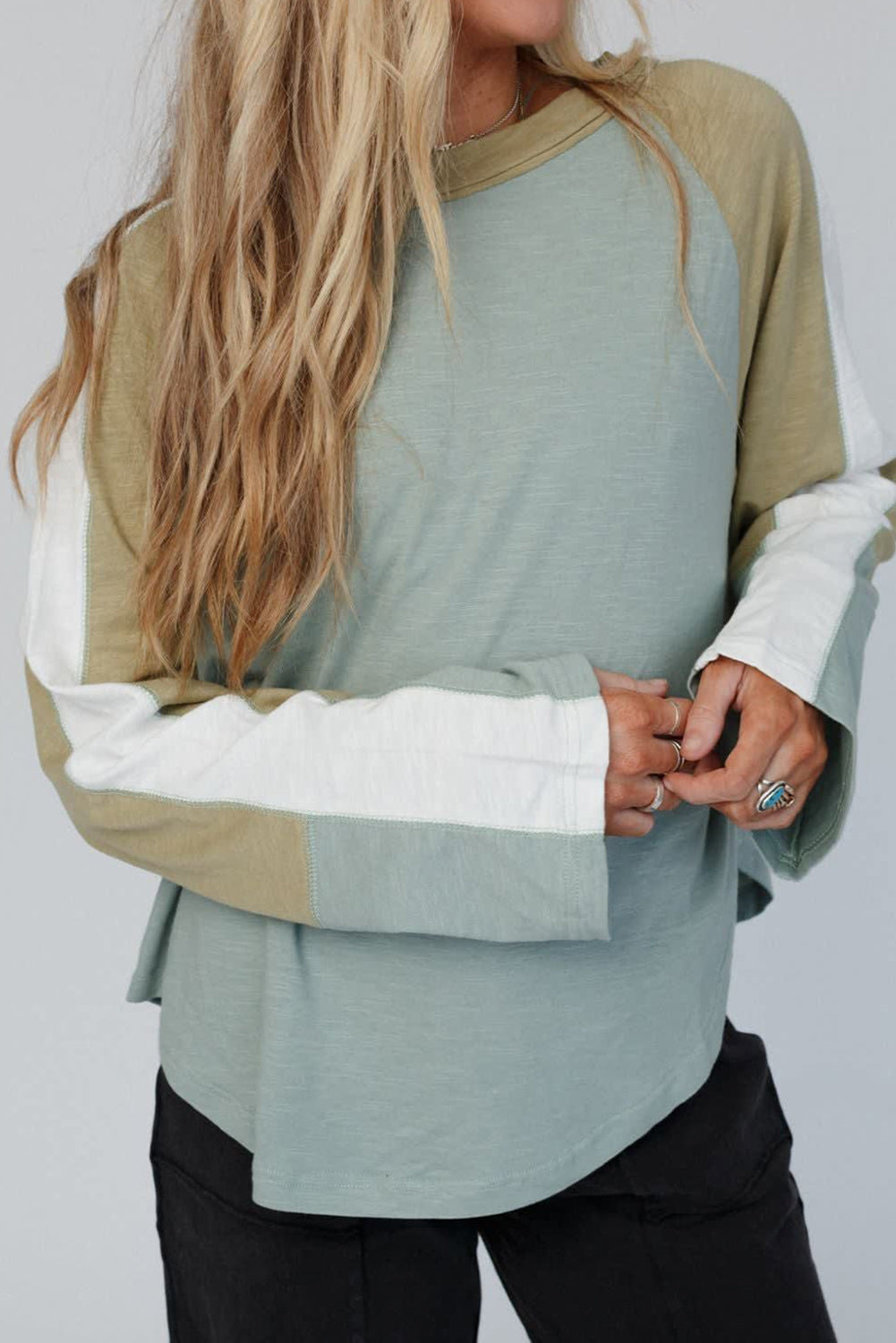 Moonlight Jade Color Block Stitched Raglan Sleeve Loose Top