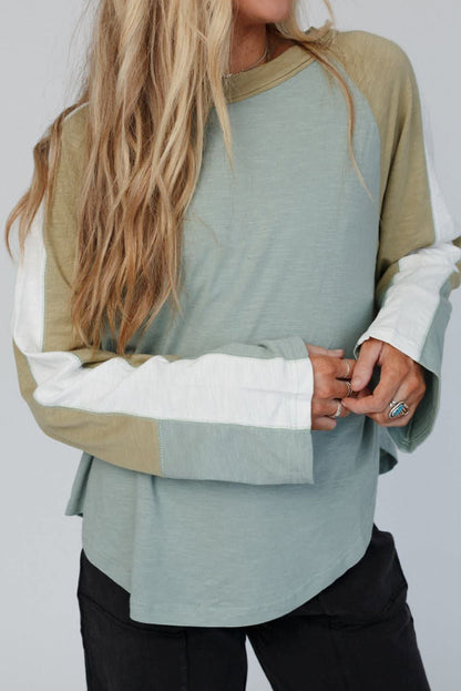 Moonlight Jade Color Block Stitched Raglan Sleeve Loose Top