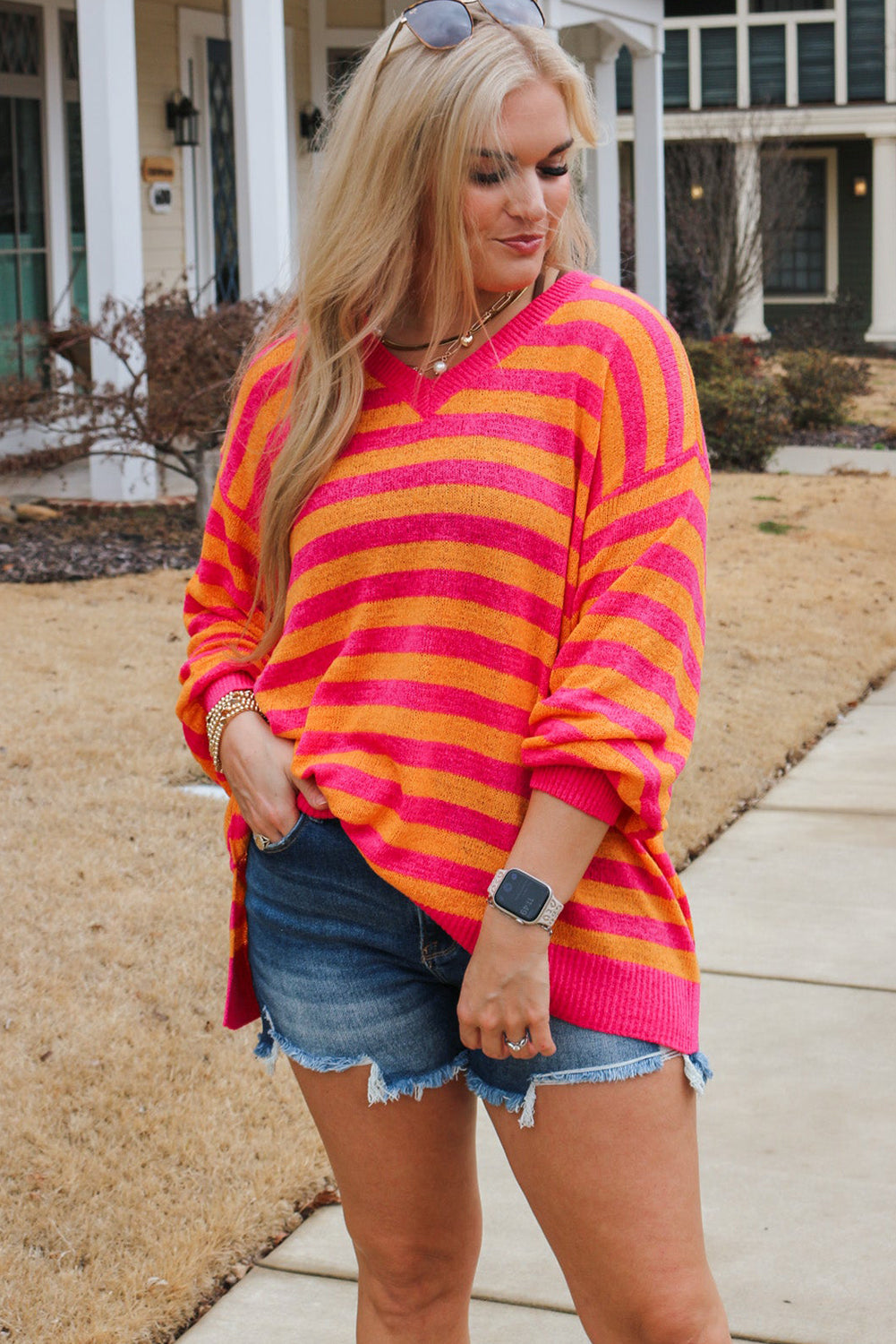 Beige Stripe V Neck Loose Fit Plus Sweater with Slits