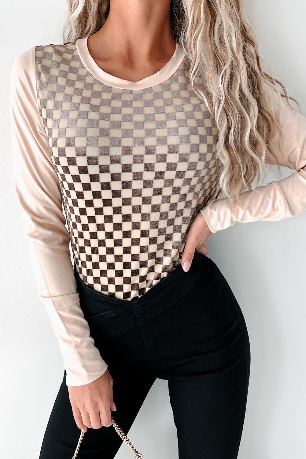 Parchment Velvet Checkerboard Long Sleeve O Neck Bodysuit