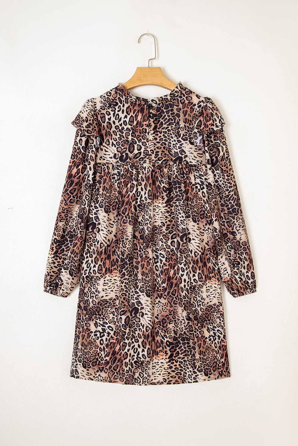 Brown Leopard Ruffled Detail Long Sleeve Loose Mini Dress