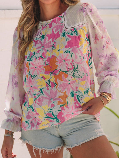 Elegant Purple Floral Lace Trim Shift Blouse