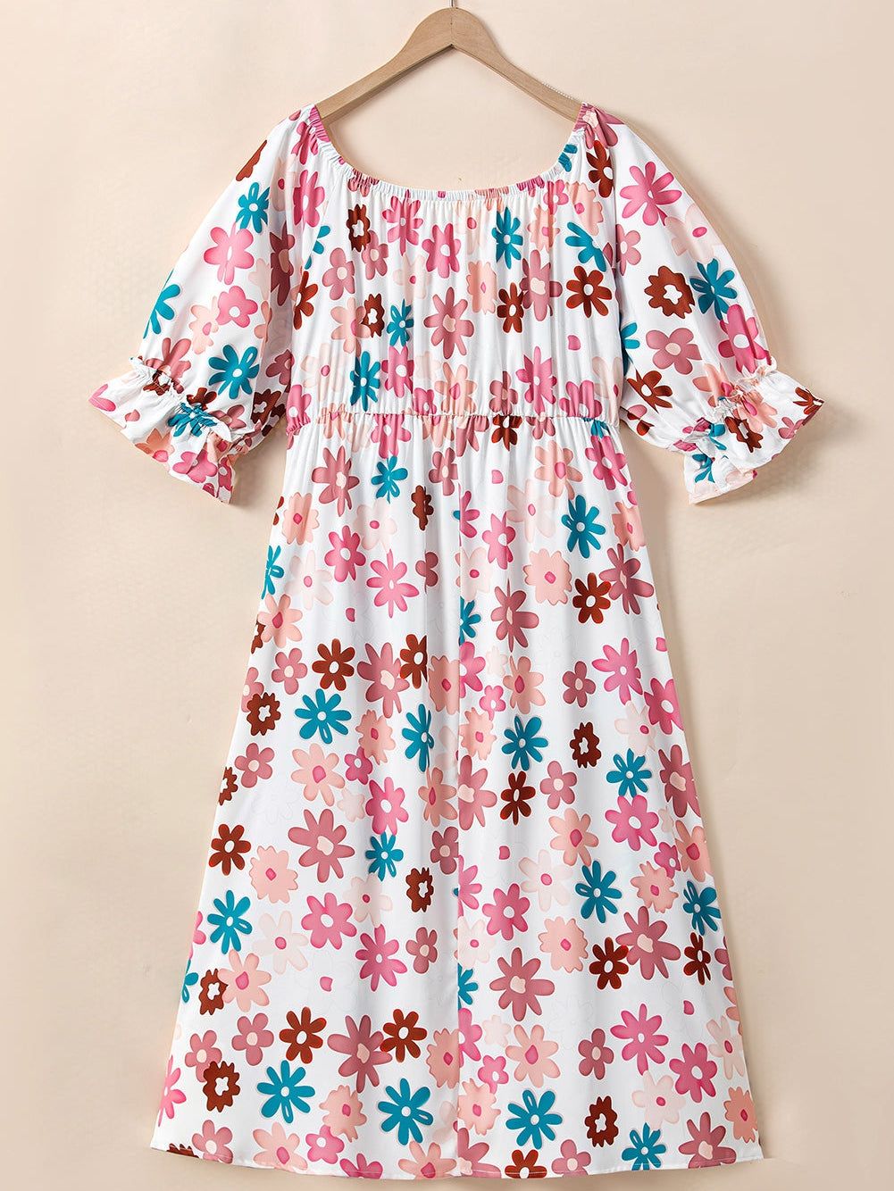 Floral Print Smocked Off Shoulder Plus Size Midi Dress in White