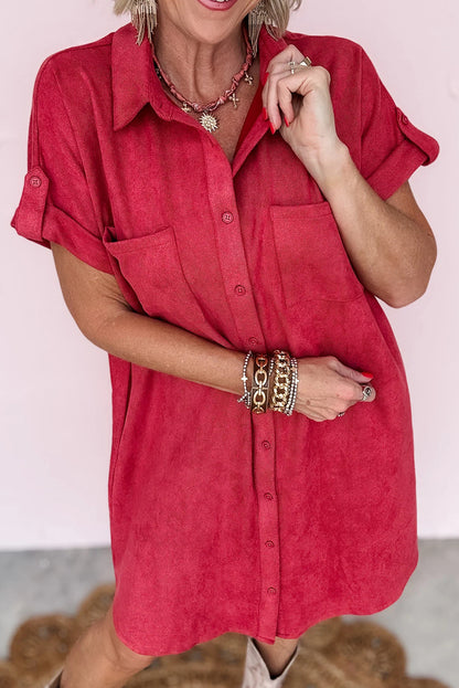 Fiery Red Roll-tab Short Sleeve Patched Chest Pocket Shift Mini Shirt Dress
