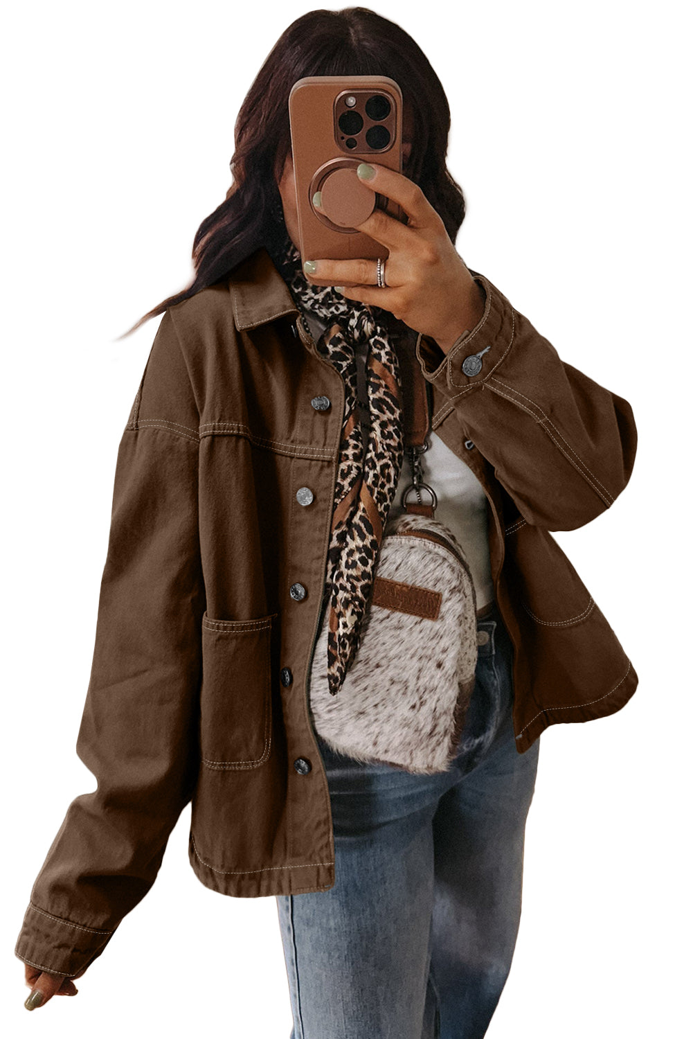 Coffee Patched Pocket Collared Button Front Boyfriend Denim Jacket