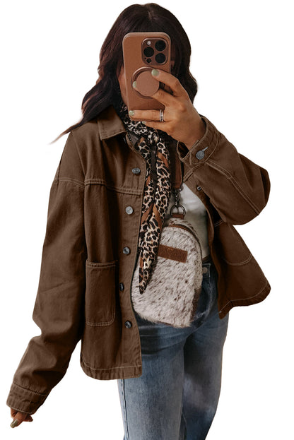 Coffee Patched Pocket Collared Button Front Boyfriend Denim Jacket