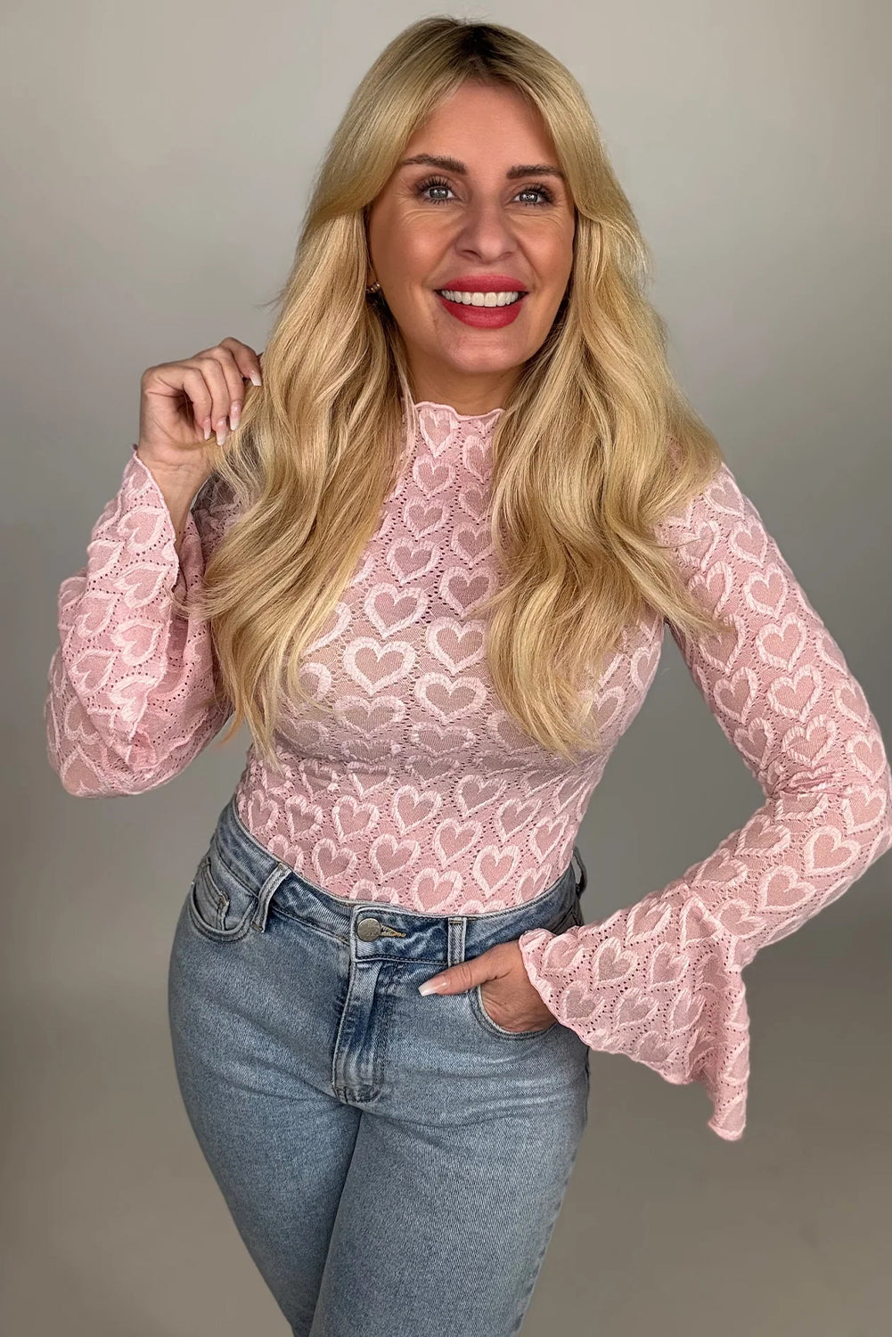 Gossamer Pink Heart Jacquard Flare Sleeve Mock Neck Fitted Top