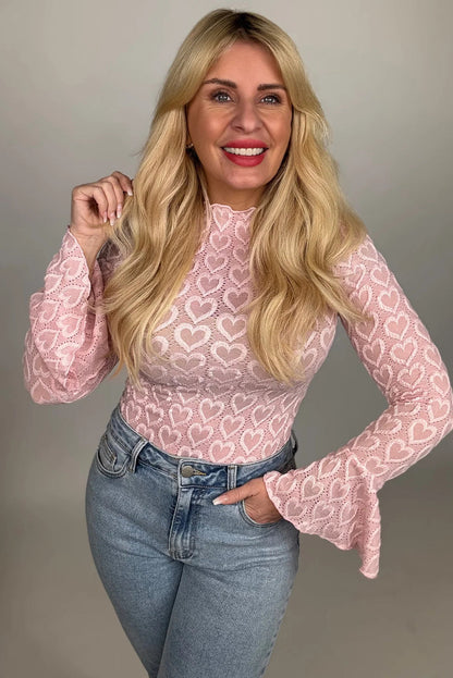 Gossamer Pink Heart Jacquard Flare Sleeve Mock Neck Fitted Top