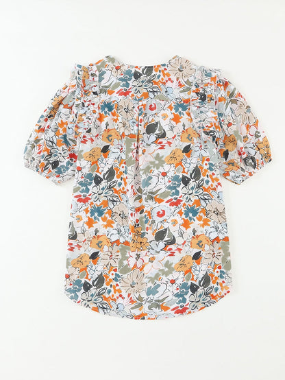 Floral Print Split V Neck Puff Sleeve Blouse
