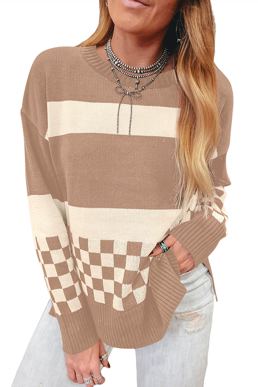 Smoke Gray Checkered Color Block Knitted Drop Shoulder Sweater