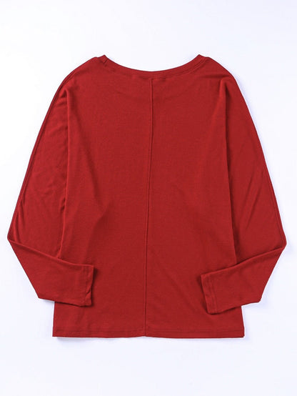 Fiery Red Crew Neck Patchwork Long Sleeve Casual Top
