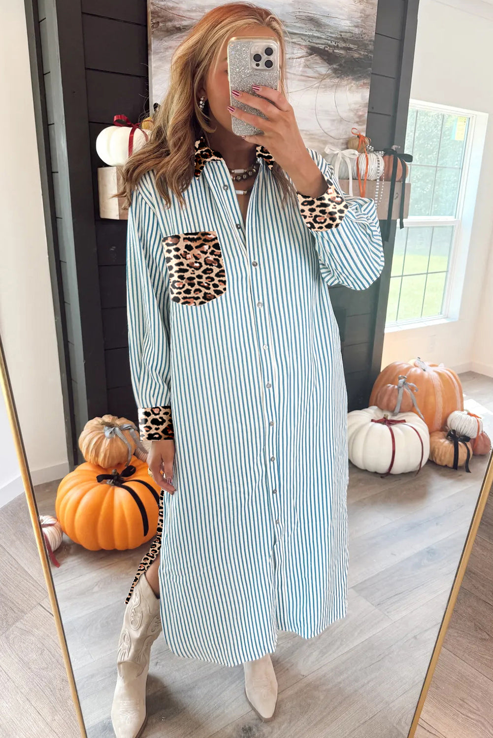 Sky Blue Stripe Contrast Leopard Patchwork Long Shirt Dress