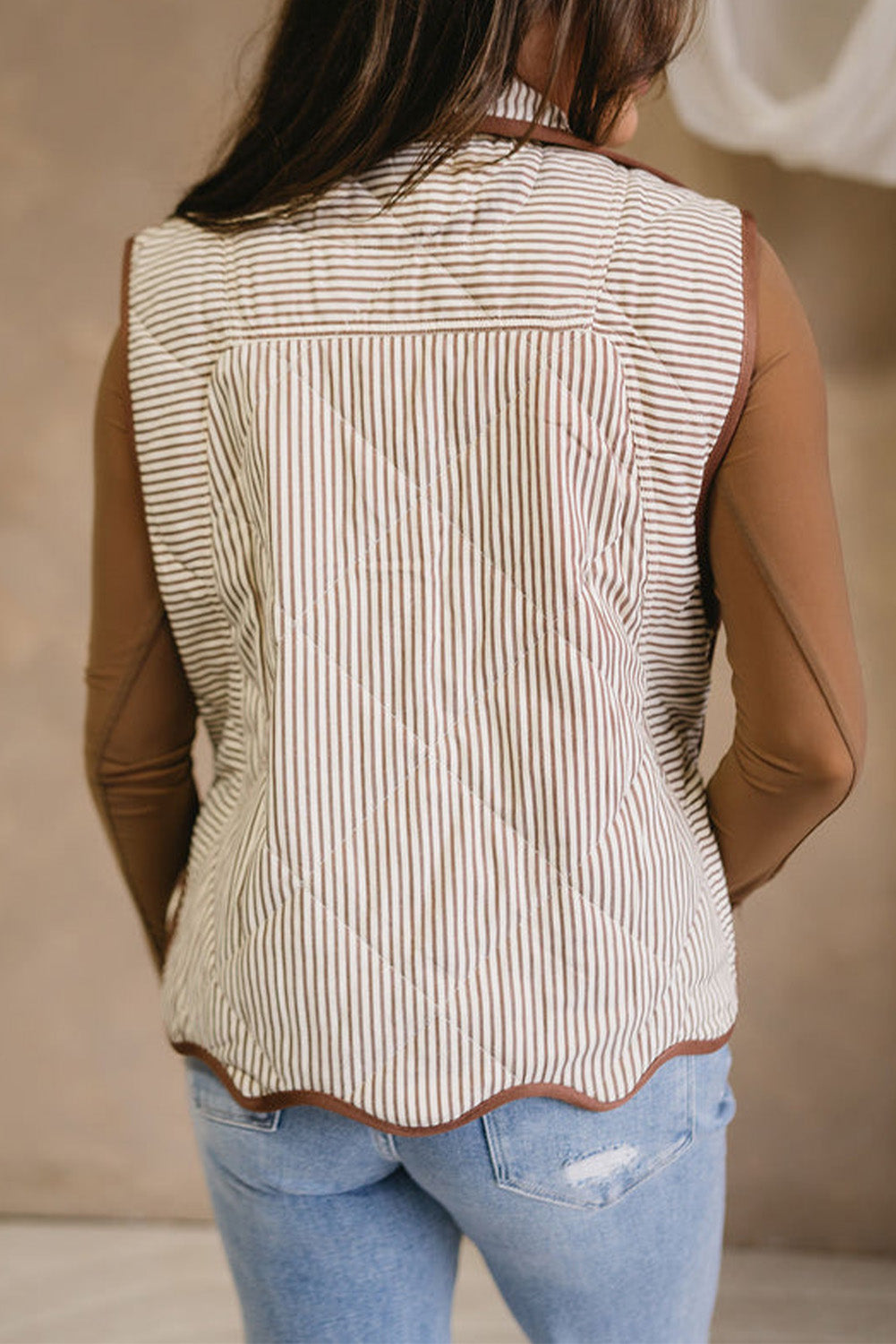 Brown Stripe Quilted Wavy Hem Snap Button Plus Size Vest
