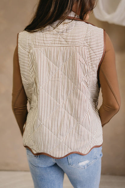 Brown Stripe Quilted Wavy Hem Snap Button Plus Size Vest