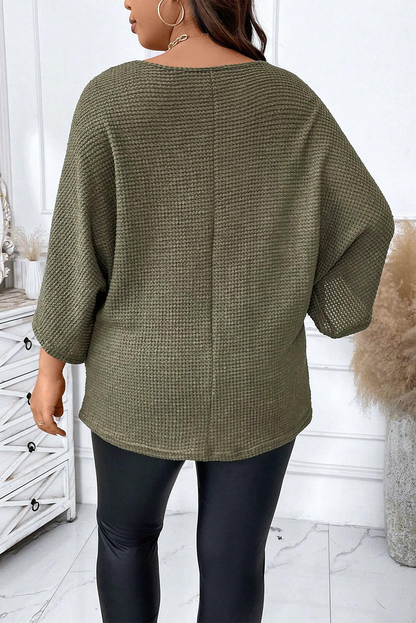 Jungle Green Oversized V-Neck Waffle Knit Dolman Top